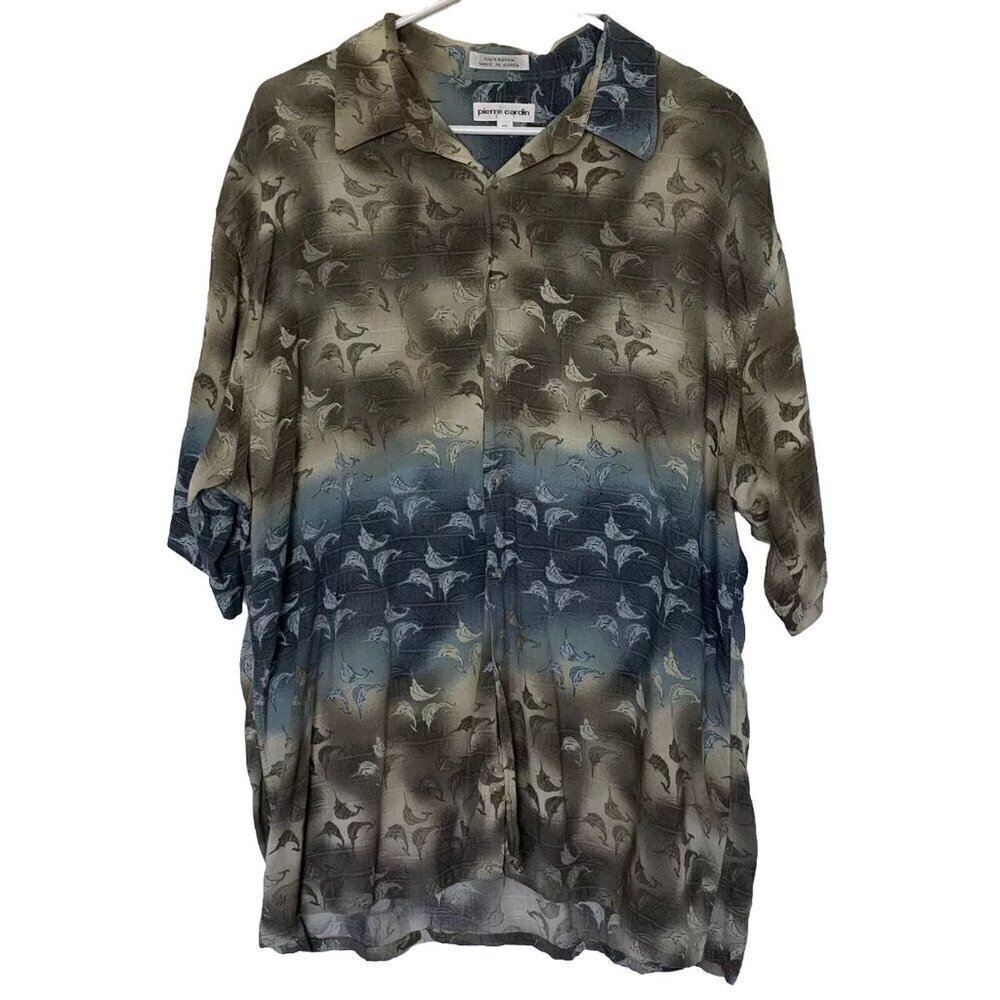 Pierre Cardin Men’s XL Swordfish Short Sleeve Button Up Rayon Shirt Vintage